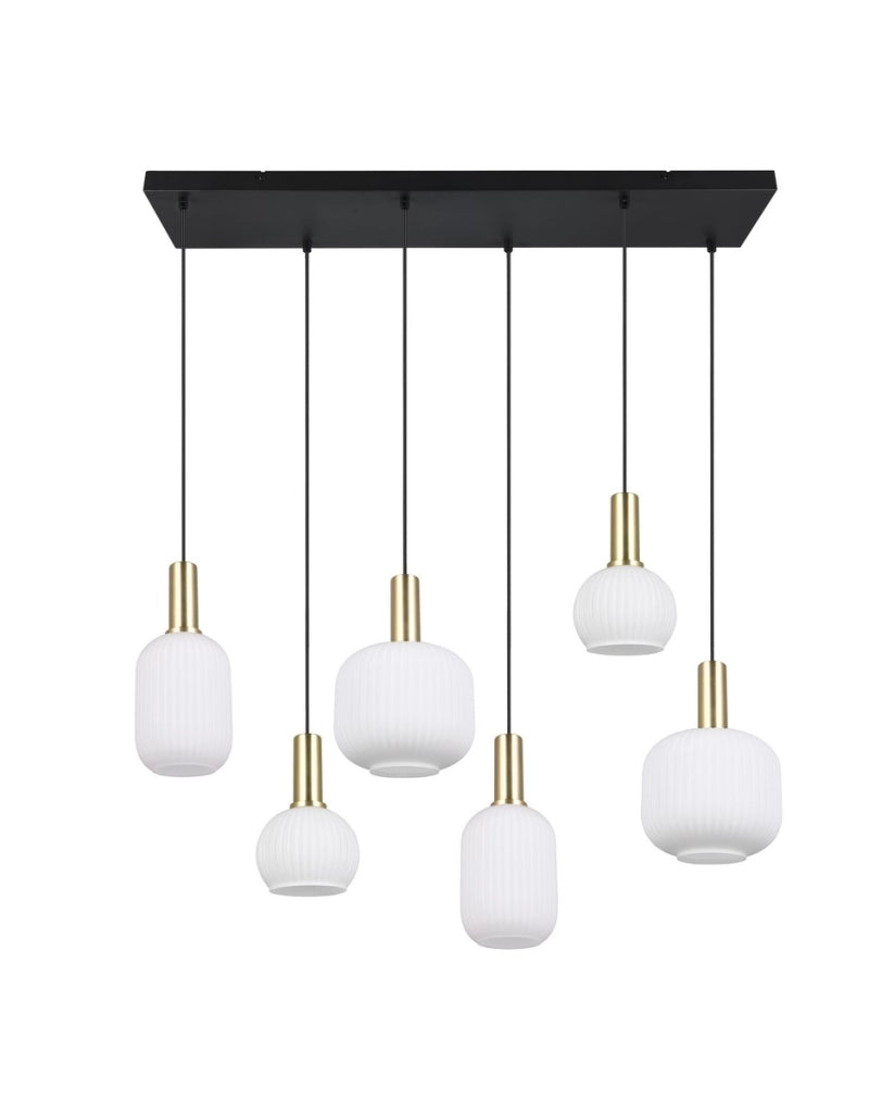 Sospensione Trio DIVA nera/ottone 6xE27 vetro bianco