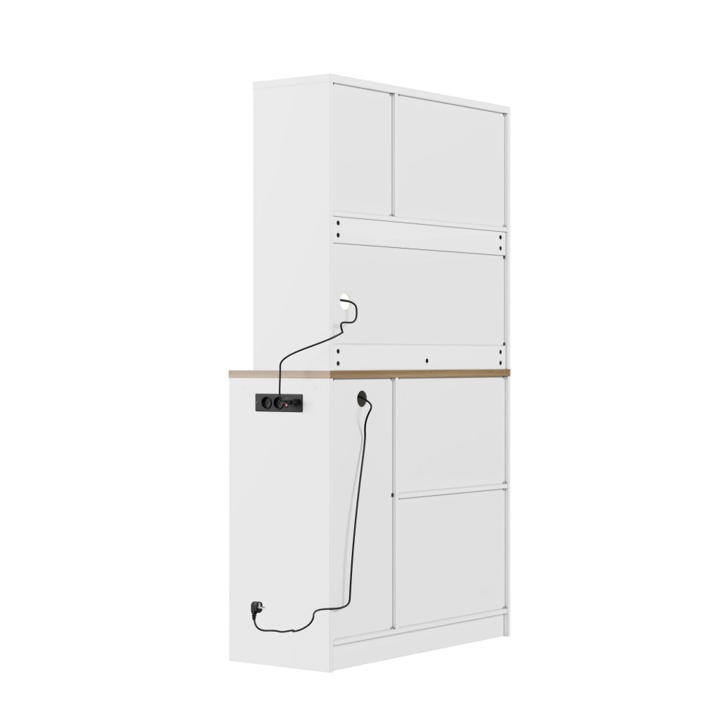 Mobile dispensa 100x40x180 cm con luce RGB; prese integrate e ripiani regolabili in MDF bianco e naturale