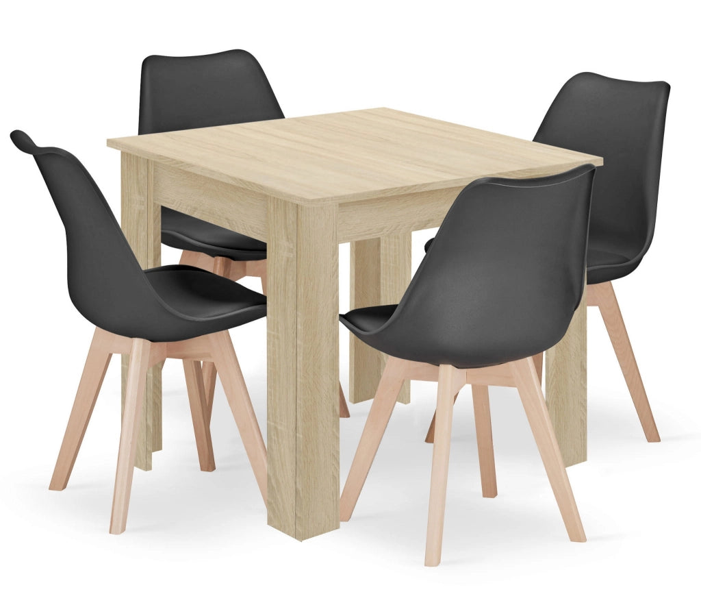 Tavolo quadrato VALORA con 4 sedie nere RIXK - Rovere Sonoma x4