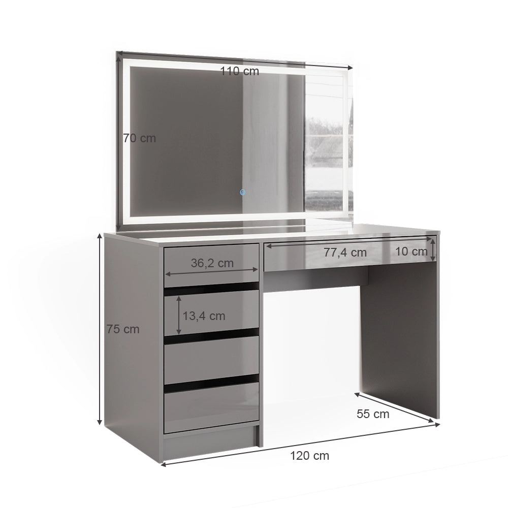 Vicco Tavolo da toeletta Grigio 55 cm con specchio a LED