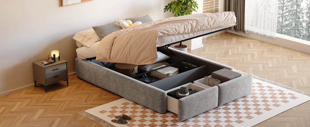 DESMIU Letto Contenitore 140 × 200 cm 2 Posti con 2 Cassetti e Vano Idraulico, senza Materasso, Grigio