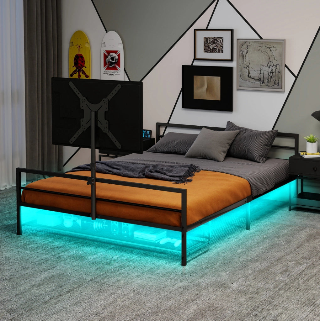 Letto in metallo nero con supporto regolabile, luci LED e vano portaoggetti