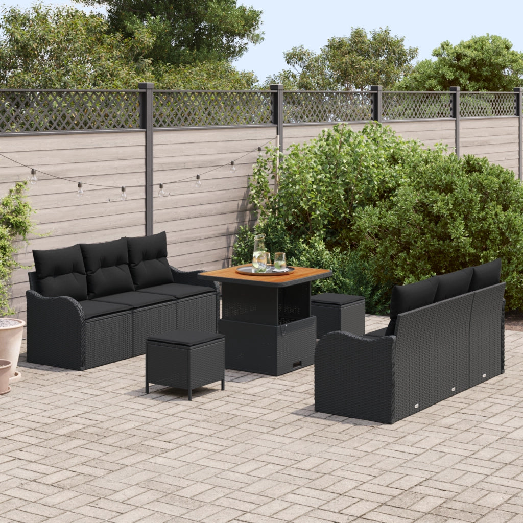 Set di divano da giardino  9 pezzi con cuscini in poliestere nero
