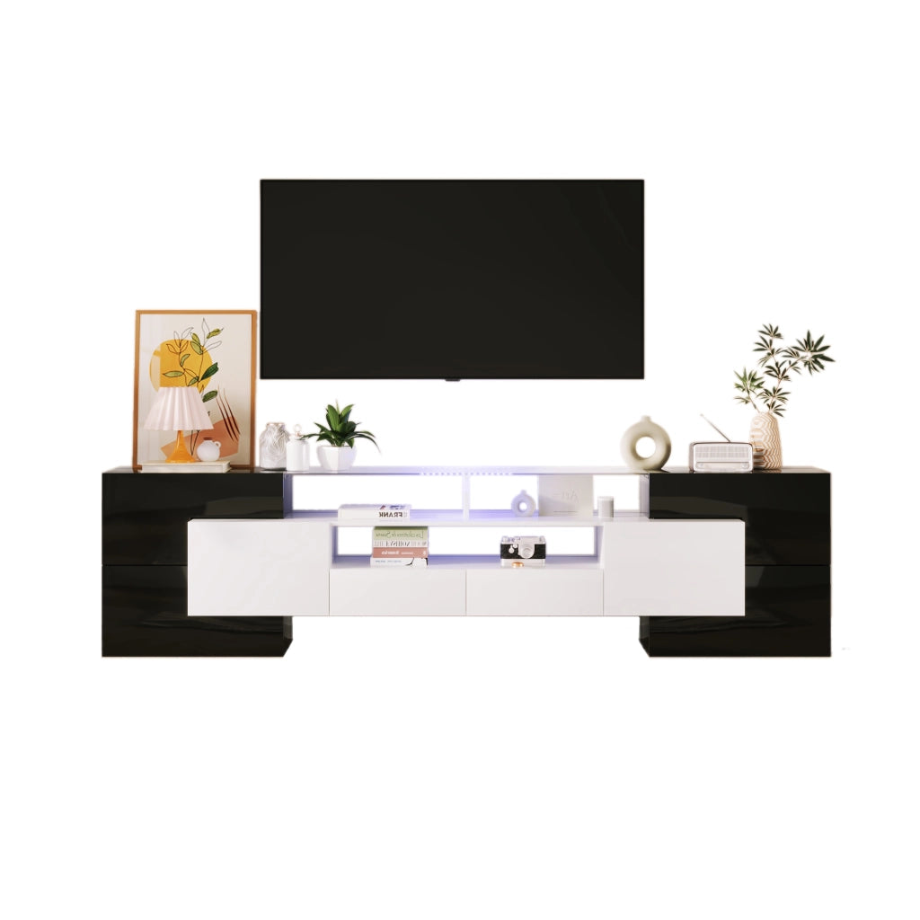 Mobile TV moderno 200 cm in bianco e nero lucido con LED, 4 ante, 2 cassetti e 3 vani