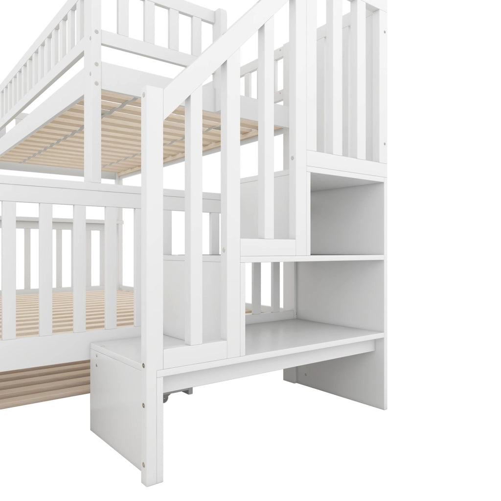 Letto a castello ULEVR 90x200 e 140x200 cm con letto estraibile, scala contenitore, pino e MDF, bianco