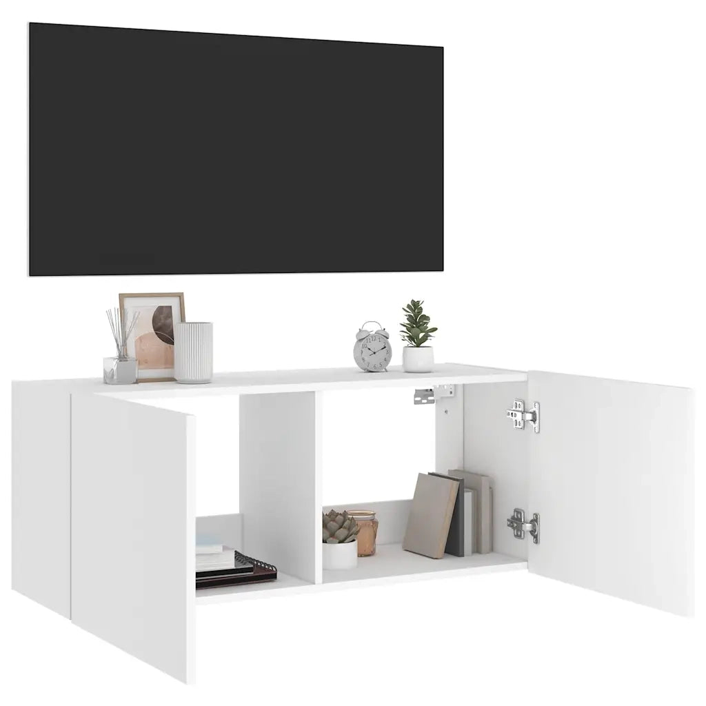 Mobile TV a Parete con Luci LED-Mobile TV a Muro Bianco 100x35x41 cm