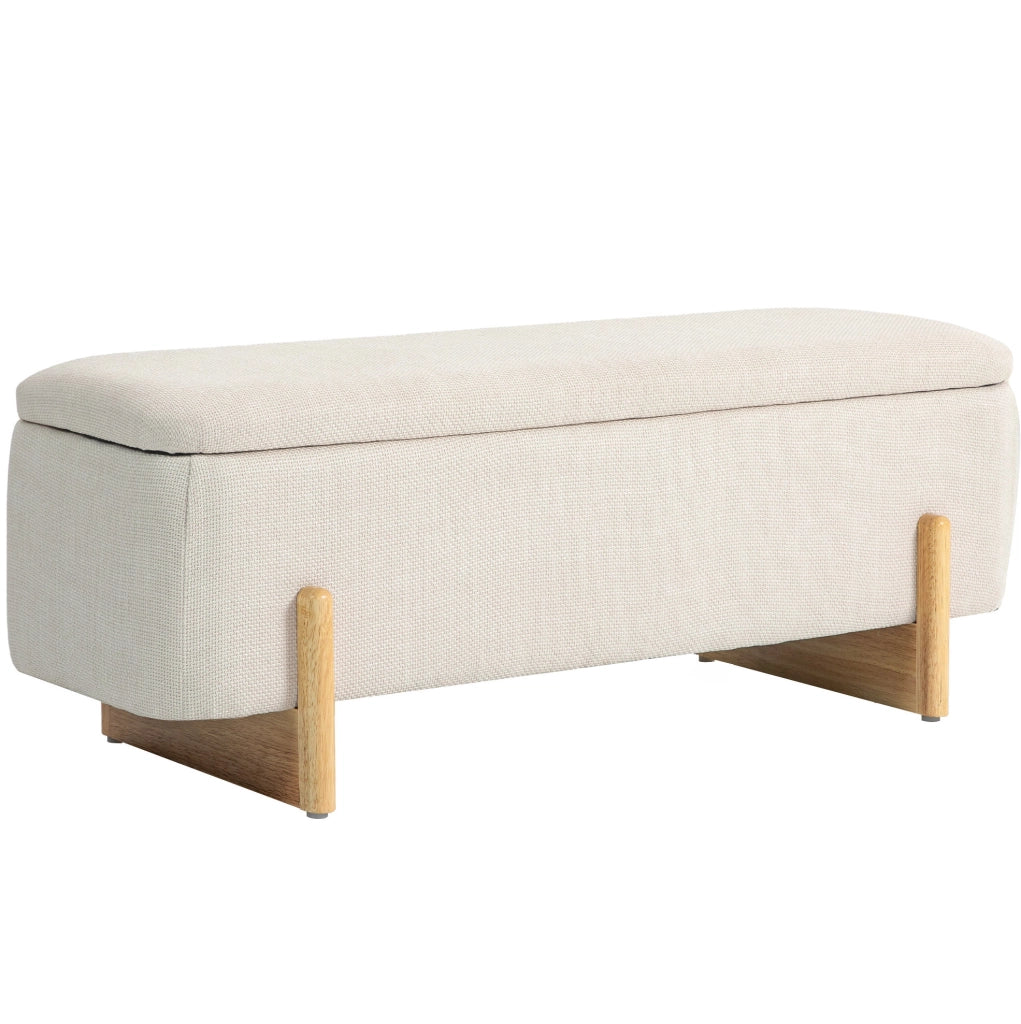 Panca contenitore imbottita beige con gambe in faggio