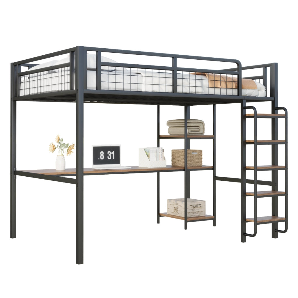 OKWISH Letto a Soppalco 140×200 cm, Letto Matrimoniale con Scala a Gradini, Scrivania e Mensole, senza Materasso, in Metallo, Nero