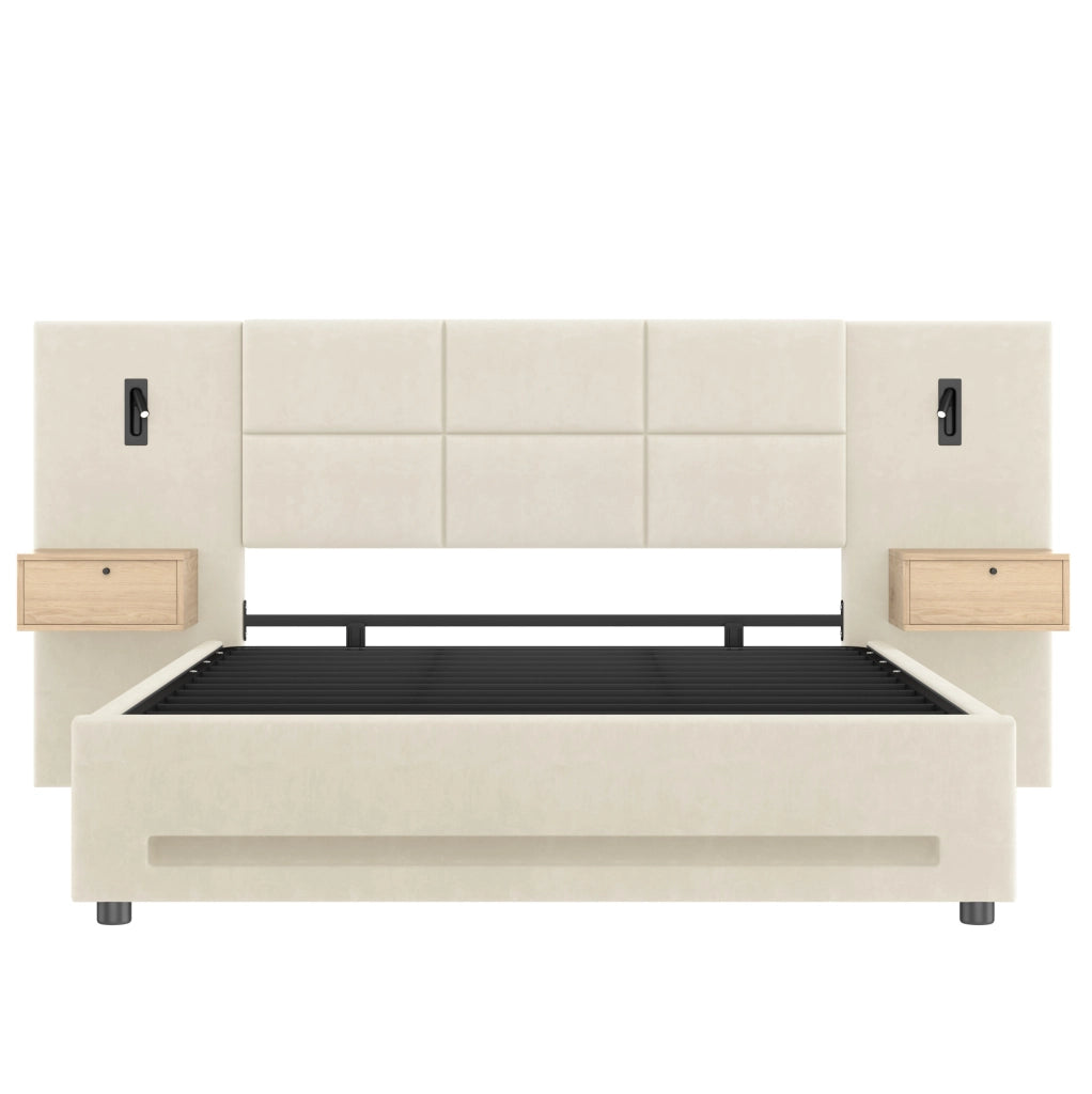 Letto contenitore 180x200 cm beige in velluto, contenitore idraulico e USB-C