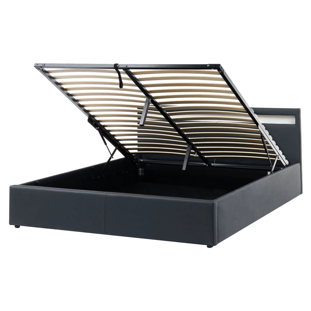 Letto matrimoniale in tessuto nero con LED 160 x 200 cm con contenitore elegante semplice