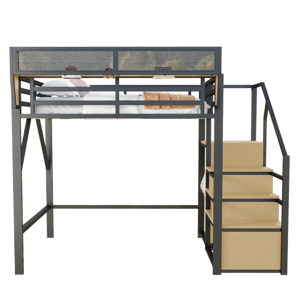 Letto a soppalco Letto Matrimoniale con Scala di sicurezza e Ripiano modulabile 140×200 cm; senza materasso; Nero