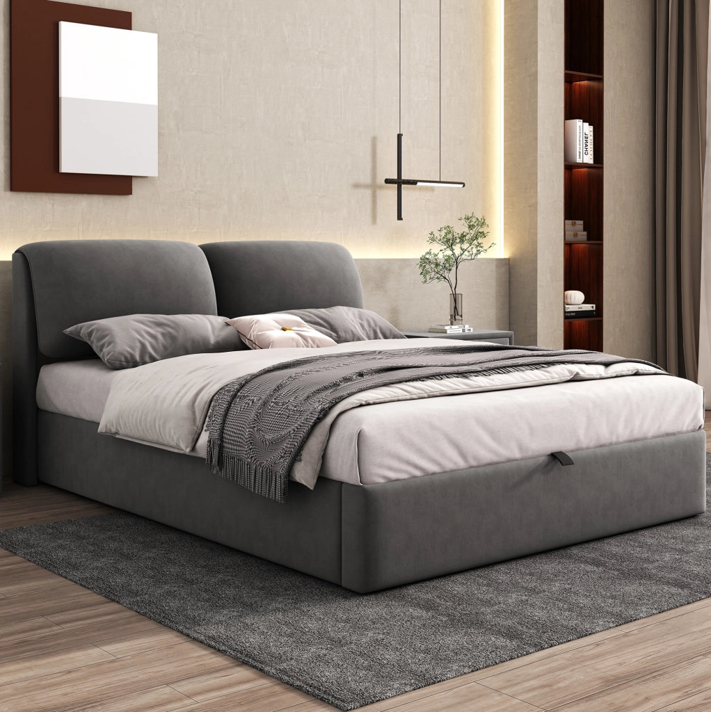Letto imbottito in velluto grigio 140x190 cm con contenitore; 3 cassetti e testiera regolabile