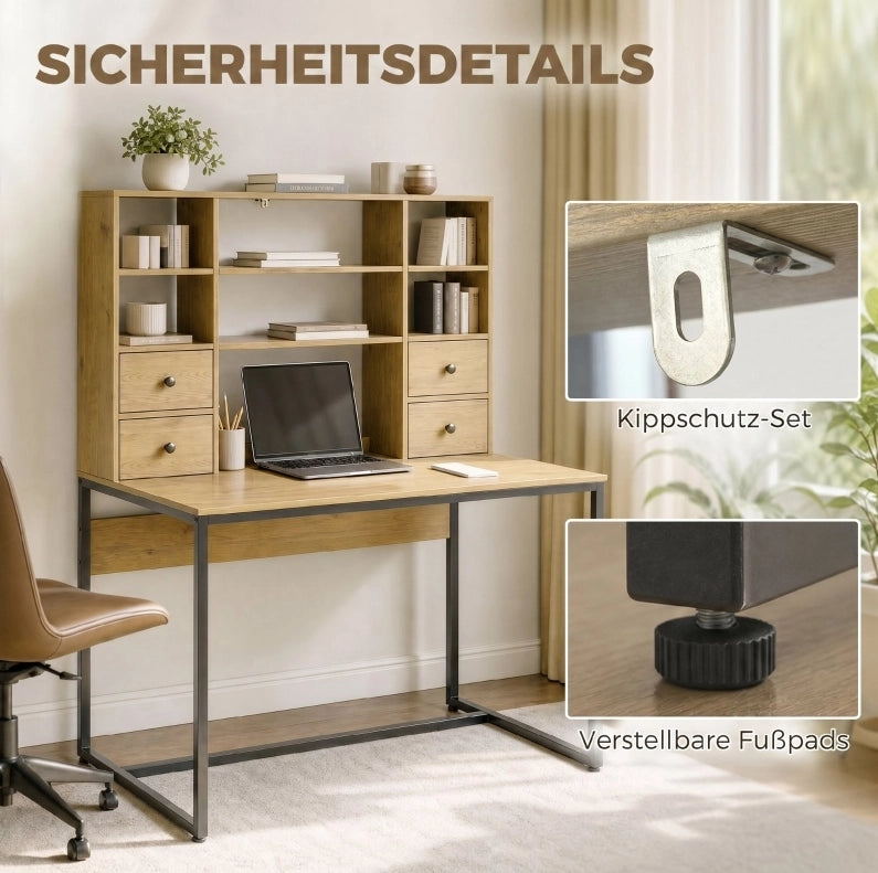 Scrivania con contenimento 105 cm in legno naturale， 4 cassetti e ripiani per studio