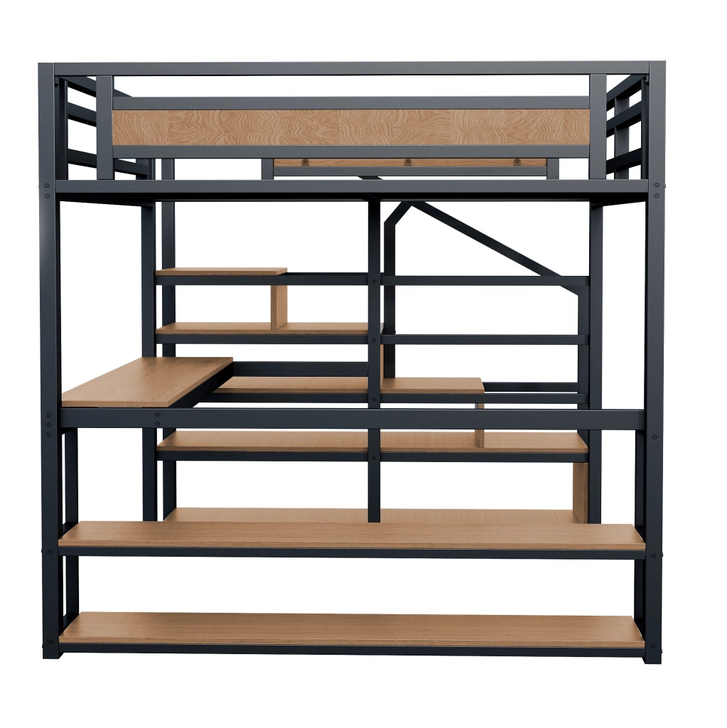 Letto a soppalco 140x200 cm con scrivania, scaffali e scala contenitore in metallo nero