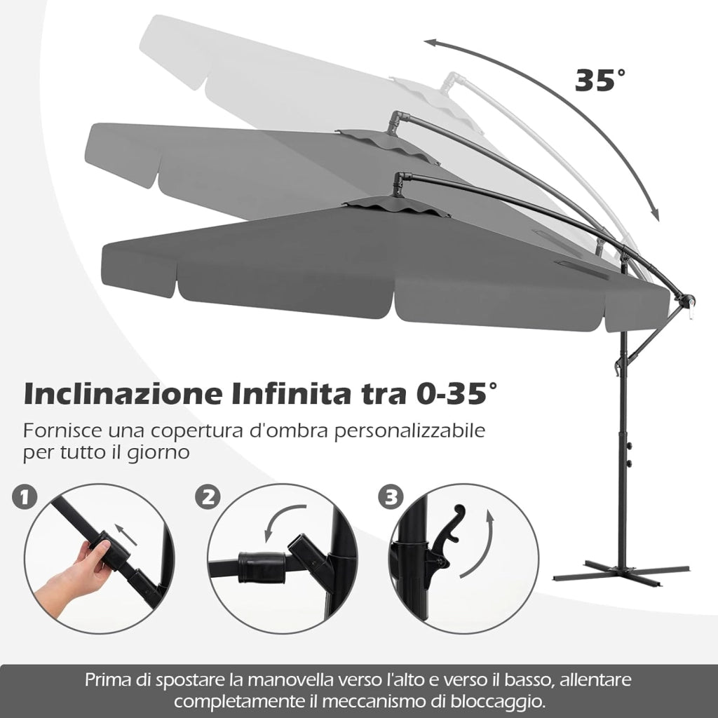 Ombrellone da Giardino 290 cm a Braccio | Inclinazione Regolabile, Manovella, 8 Stecche, Telo Solare, Copertura Inclusa