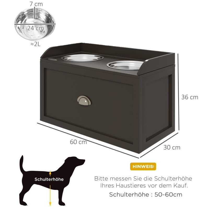 Futterstation rialzata per cani con 2 ciotole in acciaio inox e cassetto, 60 x 30 x 36 cm, marrone