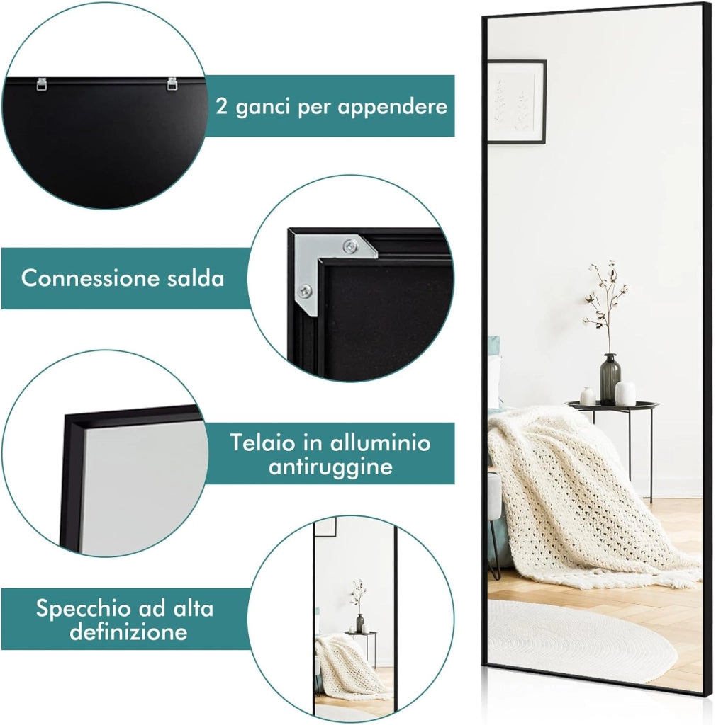 2 in 1 Specchio Lungo da Parete, Specchio a Figura Intera con Telaio Rettangolare in Alluminio e Vetro Antiesplosione, Specchio da Terra per Ingresso Bagno, 56 x150 cm (Nero)