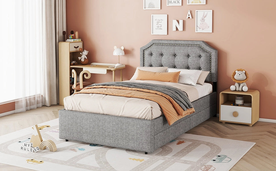 DESMIU Lit semplice 90 × 200 cm con 2 cassetti, testiera regolabile, senza materasso, in MDF e lino, grigio