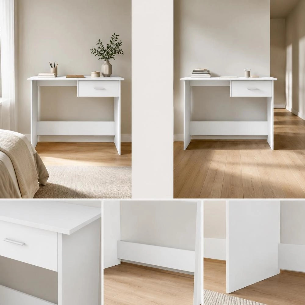 Modern White Desk With Drawer, Wooden Computer Table For Home Office Bedroom Small Space, Easy Clean Surface, 100x50x76 Cm