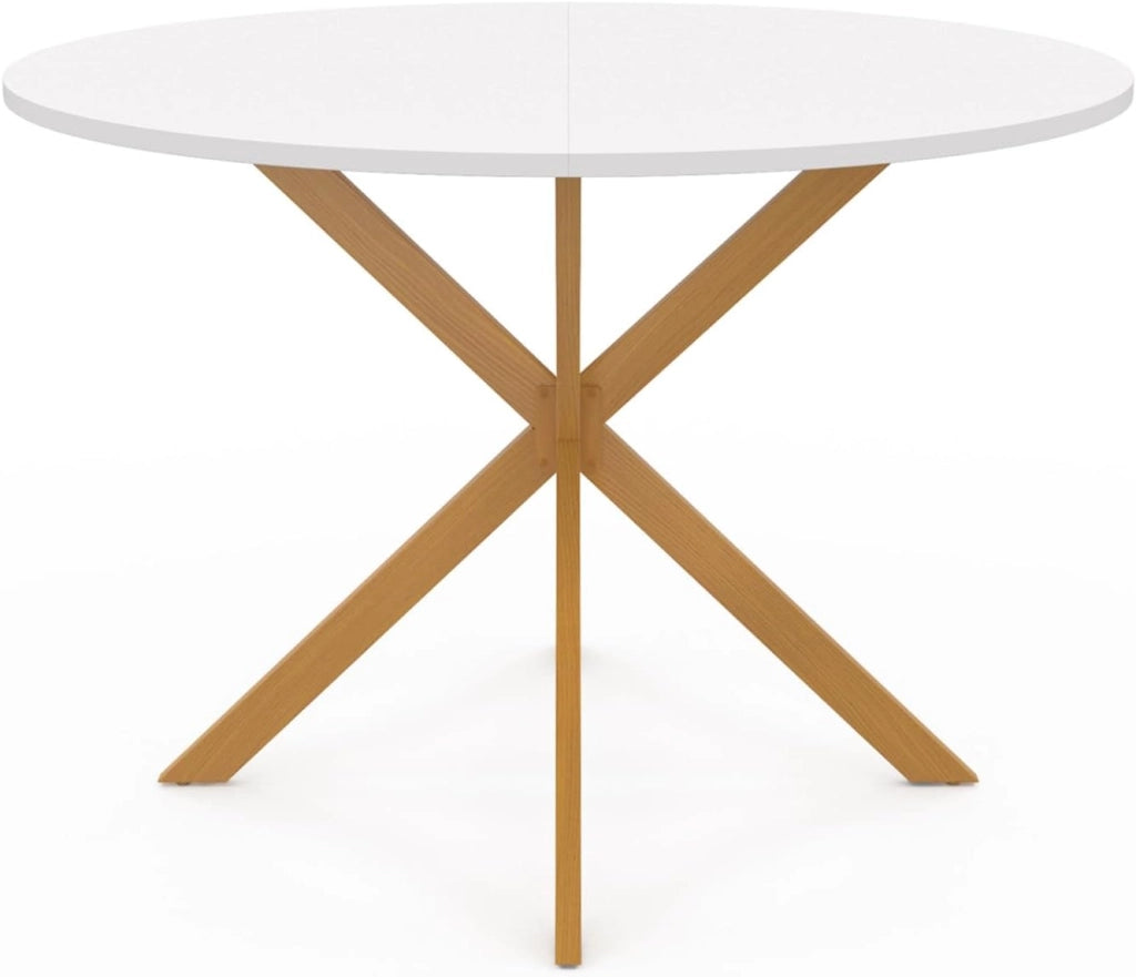 Tavolo da pranzo rotondo GISELE per 6 persone, gamba a ragno in legno, piano bianco 110 cm