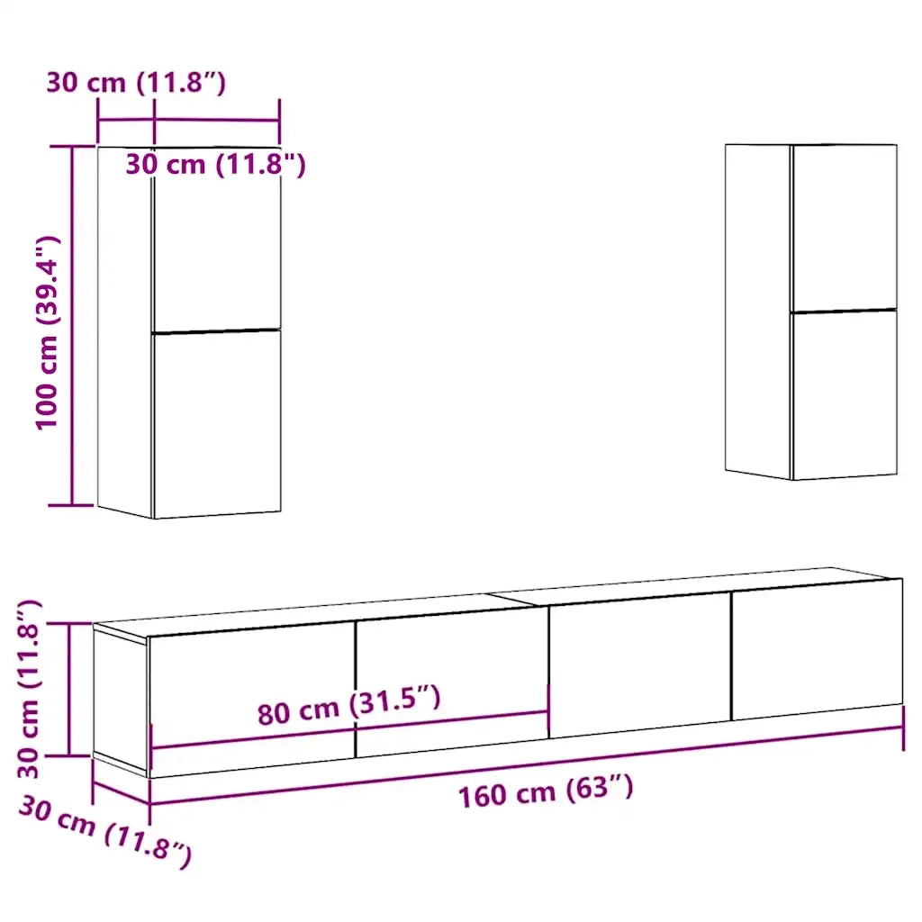 Set Mobile TV 4 pz Montato a Parete Legno Antico in Truciolato