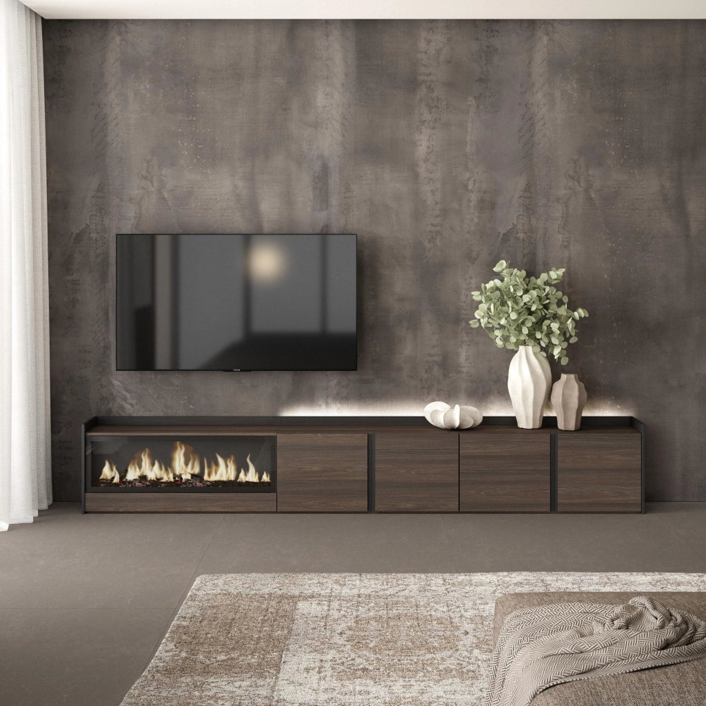 Mobile TV Soggiorno, 315x50x35 cm, Per TV fino a 80", Camino elettrico XXL, LED, Rovere scuro e Nero