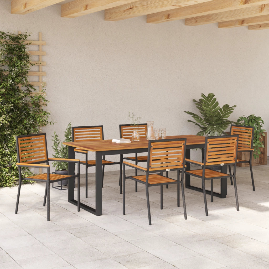 Set da Pranzo da Giardino da 7 Pezzi in Rattan Poliestere Nero e Acacia