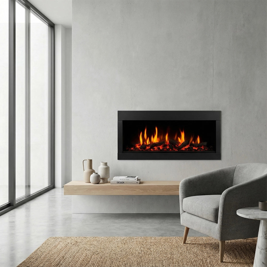SINED Caminetto decorativo incasso nero in acciaio con vetro temperato fiamma olografica stereoscopica a basso consumo 10-50W controllo remoto e pannello integrato dimensioni 742x445x320 mm - CAMIN