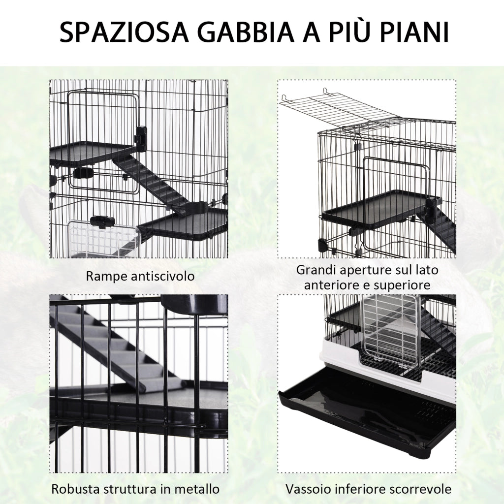 Gabbia per Animali 3 Piani con Vassoio e Ruote ¨C Zephmum ¨C Nera 81.2x52.7x114cm