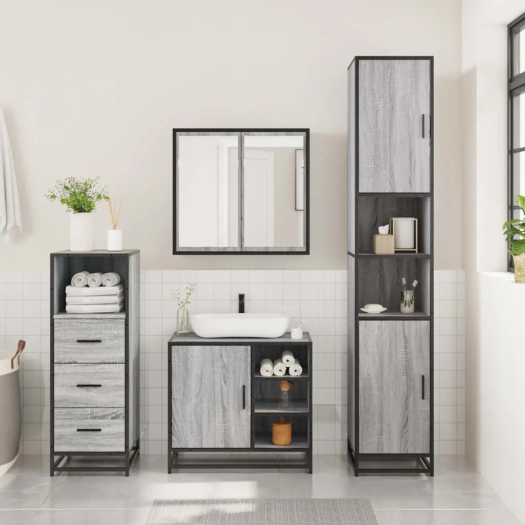 Set Mobili da Bagno | Armadio da bagno 3 pz Grigio Sonoma in Legno Multistrato