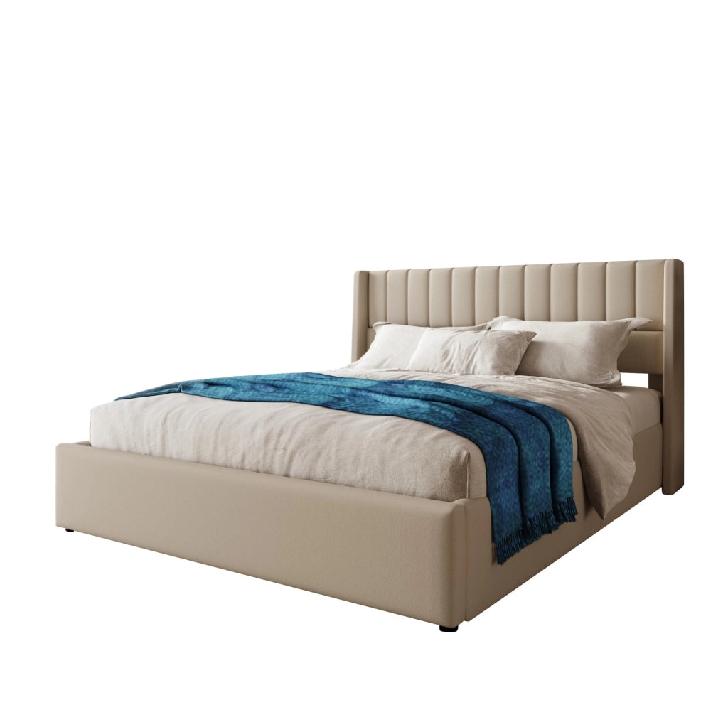 Letto contenitore imbottito 140x200 cm sollevabile in legno beige (Senza materasso)