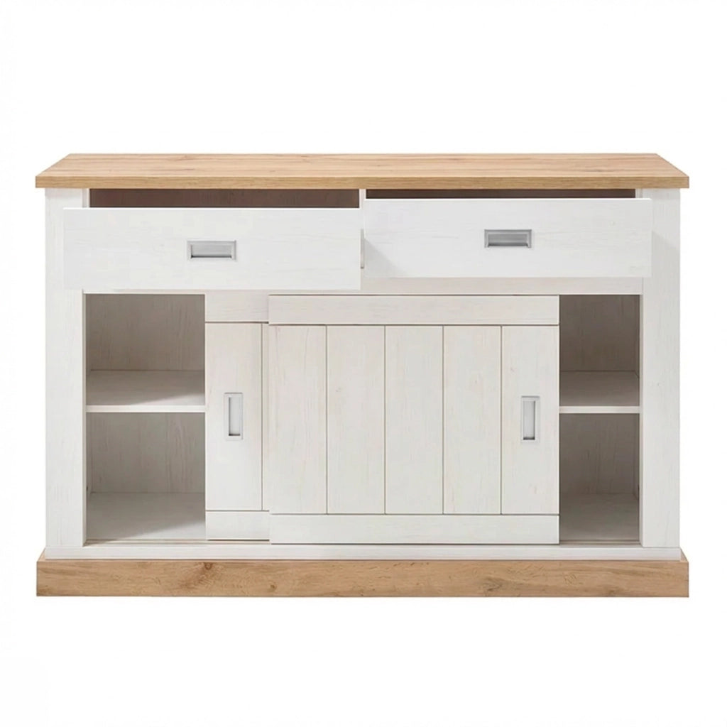Mobile Soggiorno Madia Con 2 Cassetti 2 Ante Scorrevoli E 4 Ripiani Interni Credenza Design Minimal Shabby Chic Per Sala Da Pranzo Zona Living 150 X 50 X 95.5 Cm Bianco E Rovere