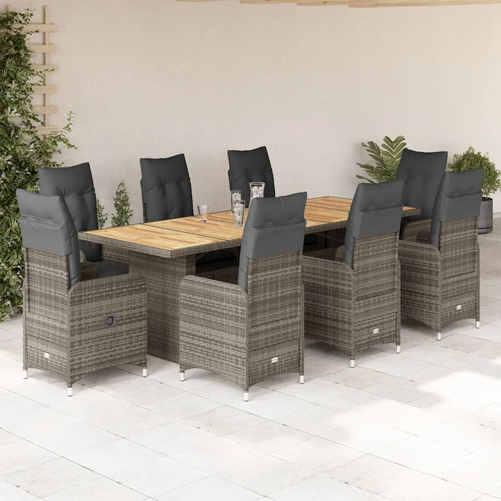 Set BistrÃ² da Giardino 9 pz con Cuscini in Polyrattan Grigio