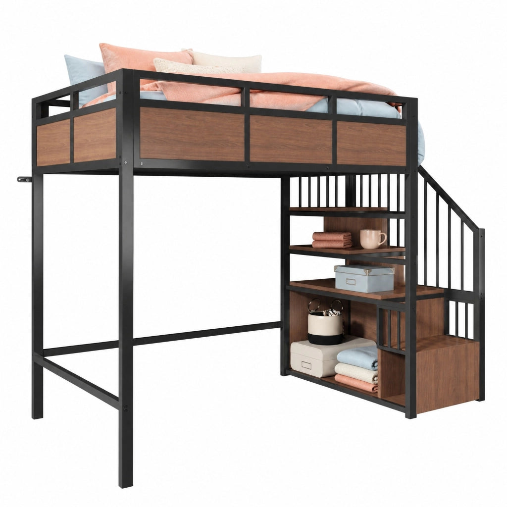 Letto a soppalco in metallo 90x200 cm con scala contenitore; LED e sponde di sicurezza; nero