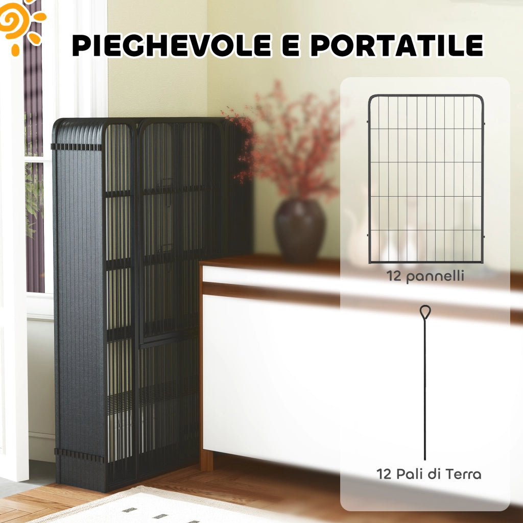 Recinto per Cani Pieghevole in Acciaio con Picchetti per Interni ed Esterni, 68 x 100 cm, 12 Pannelli, Nero