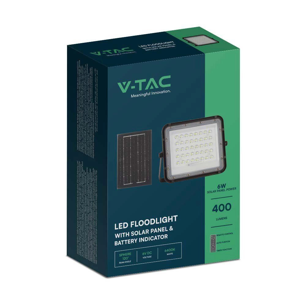 V-TAC faro LED solare 6W 4000K 400lm IP65 nero con telecomando