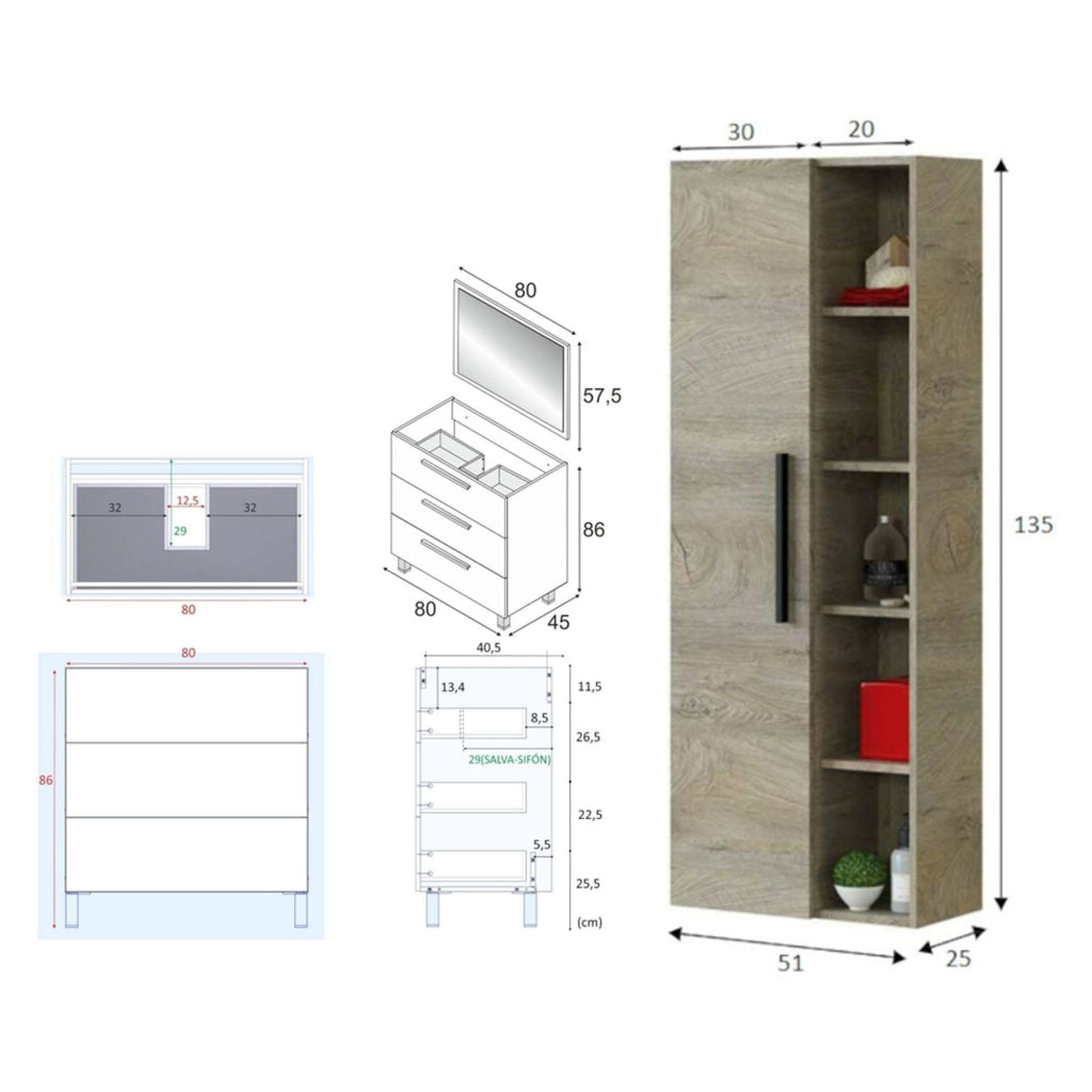 Rosate, set Mobili Bagno Specchio Incluso, Marrone Quercia