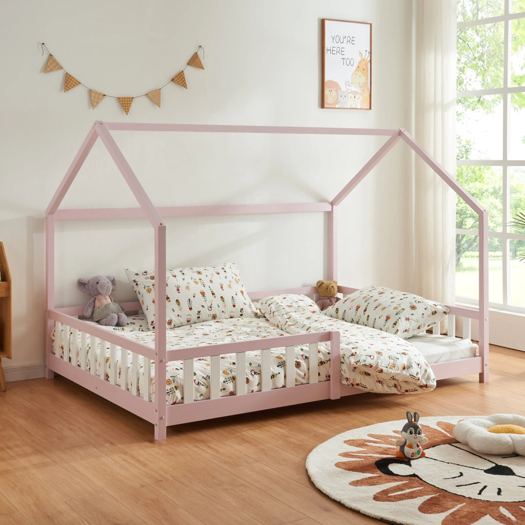 Letto Piazza e Mezza Hesel per Cameretta a Forma di Casetta 120 x 200 cm Rosa [en.casa]