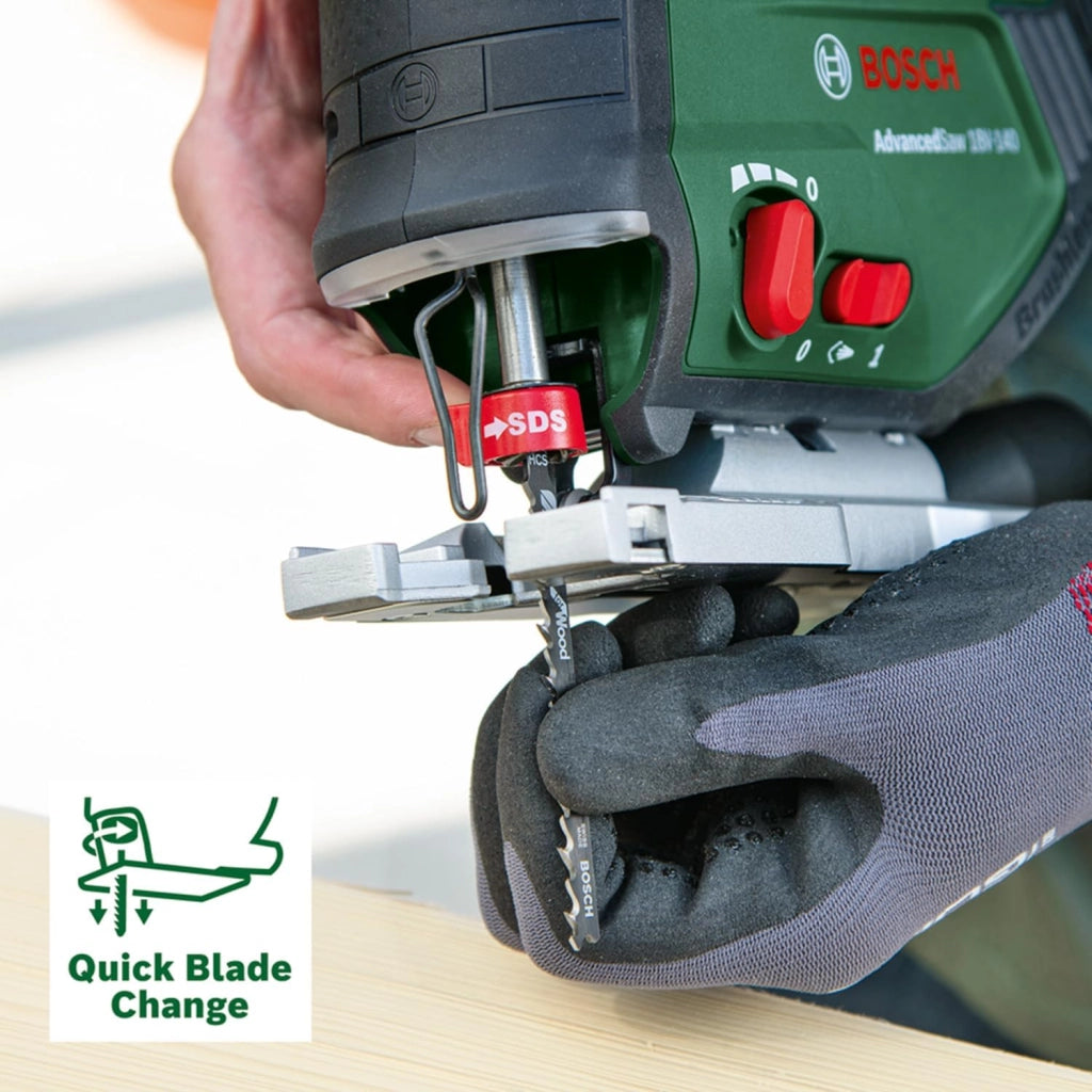 Bosch seghetto alternativo a batteria AdvancedSaw 18V-140 (funzione pendolo; motore brushless; profondità taglio: 140 mm/10 mm/20 mm; 3 lame; 18 Volt; senza batteria e caricabatteria; in cartone)