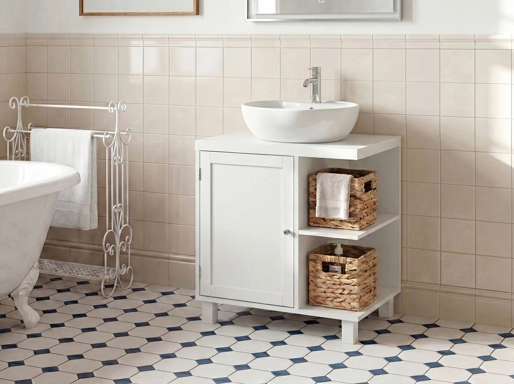 Mobile da bagno da appoggio in MDF con ripiani, bianco stile tradizionale