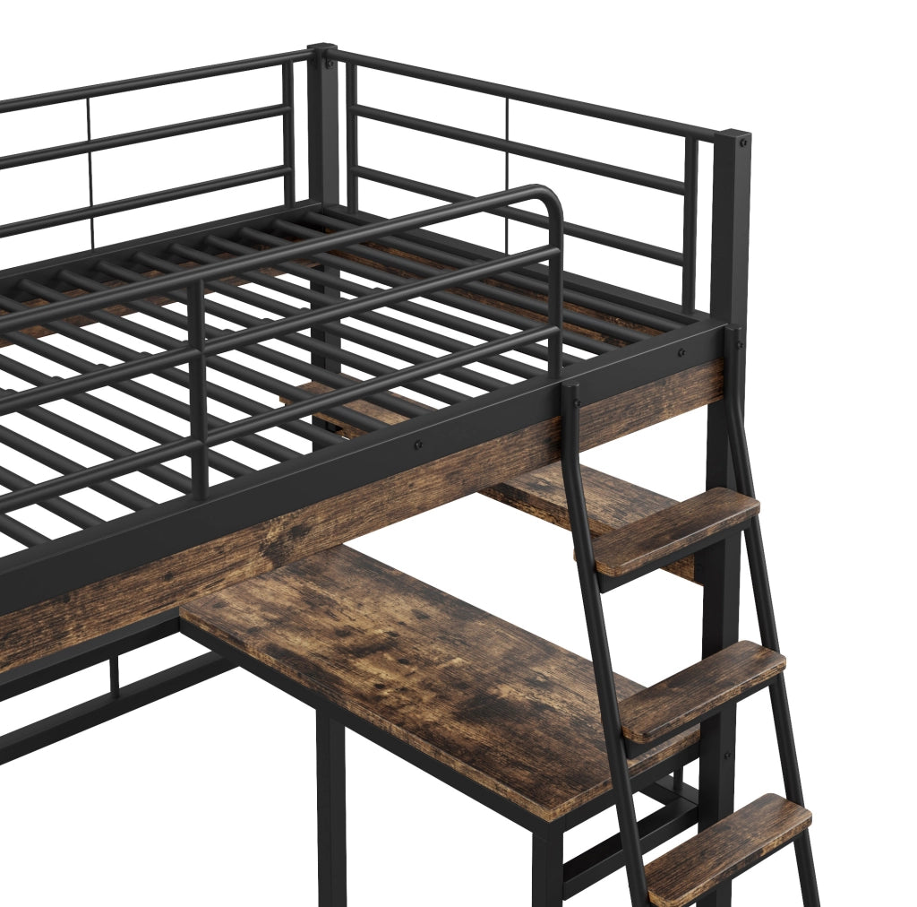 Letto a soppalco 90x200 cm con scrivania e ripiani; struttura in metallo nero (Senza materasso)