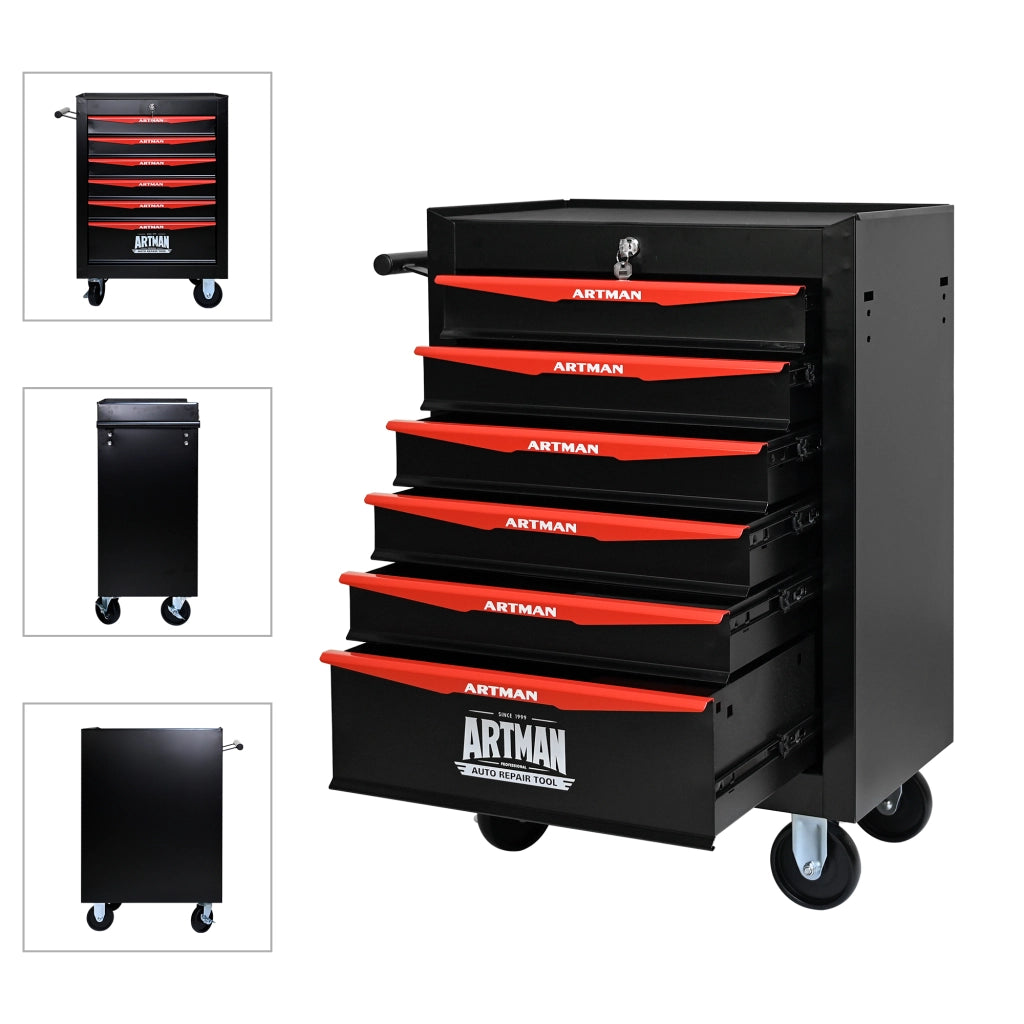 Cassettiera con ruote a 6 cassetti in acciaio con serratura, per garage e officina, nero e rosso, 60 × 33 × 77,5 cm
