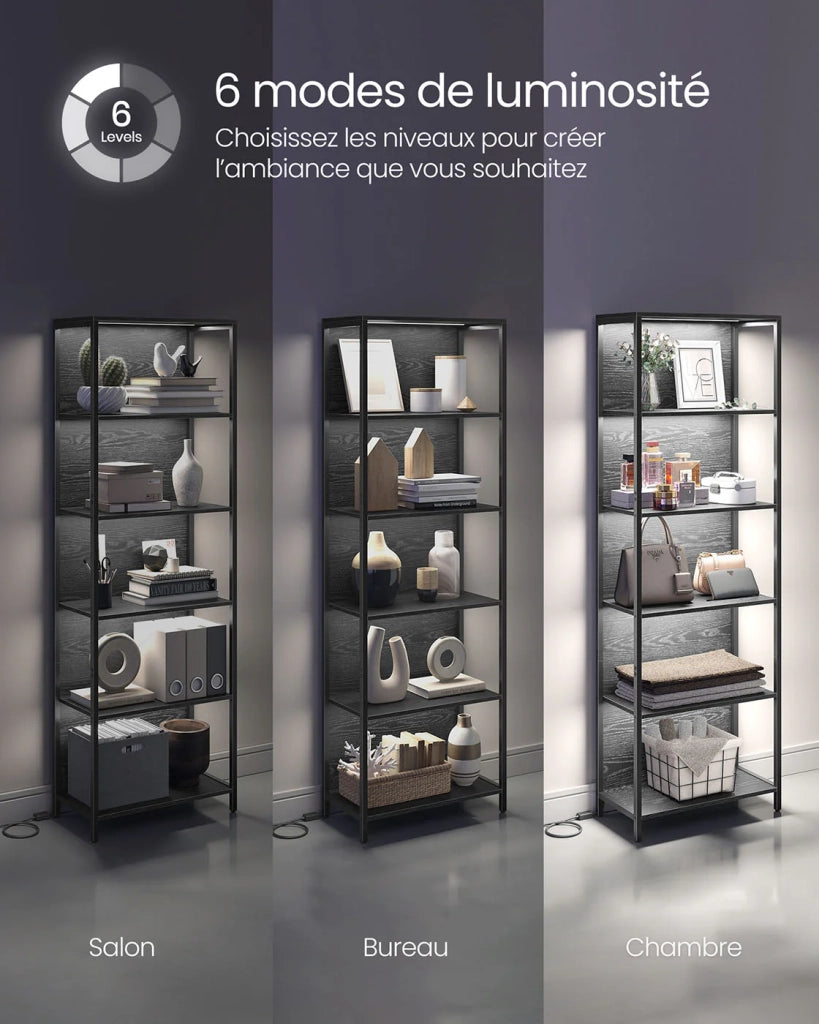 Libreria a LED a 6 ripiani con luce regolabile unità di archiviazione con struttura in acciaio 303 x 60 x 178,6 cm per soggiorno camera da letto ufficio nero 12_0004274