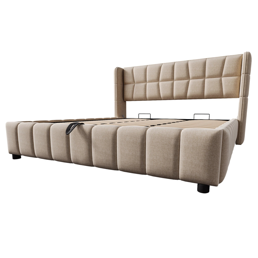 Letto contenitore 180 × 200 cm con sollevamento a gas, senza materasso, in tessuto effetto lino beige
