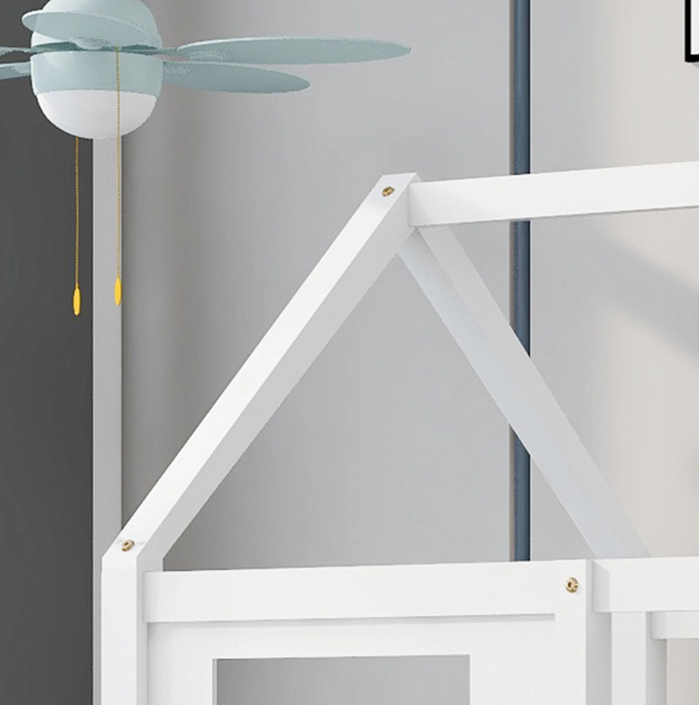 Letto singolo a casetta 200x90 cm con 2 cassetti e finestre; in legno massello e MDF; bianco