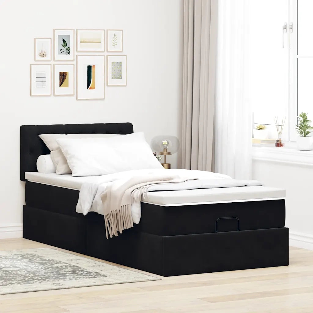 Struttura Letto Pouf con Materasso Nero 90x200 cm in Velluto