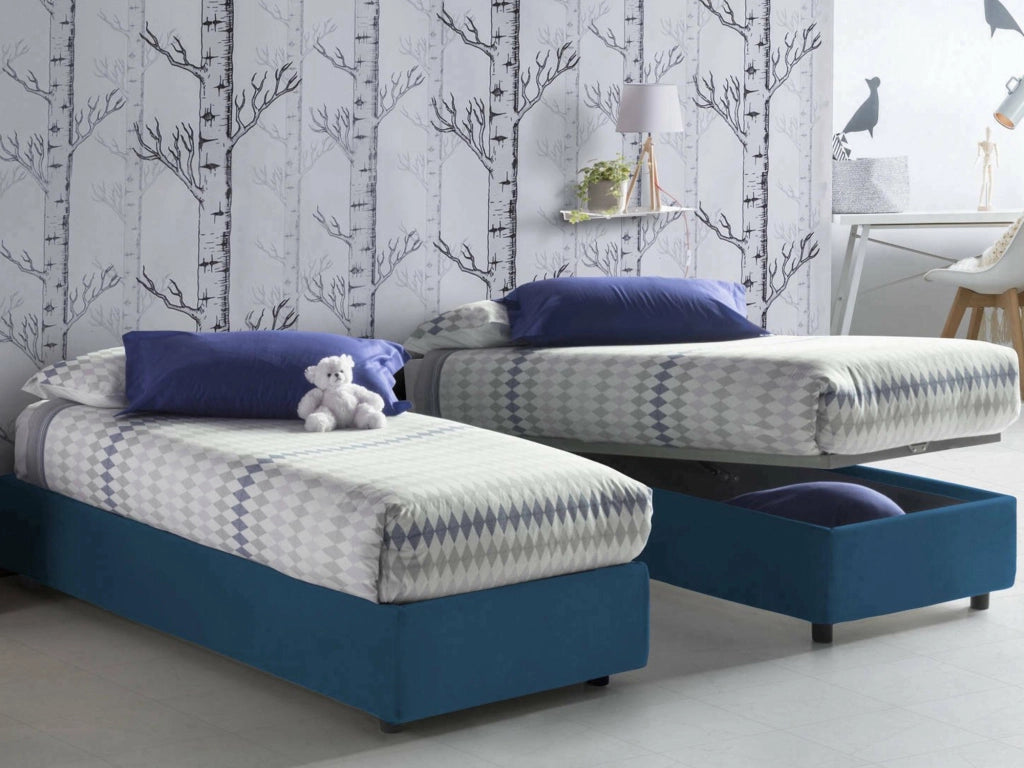 Letto singolo Ava, Letto contenitore con rivestimento in tessuto, Made in Italy, Apertura frontale, adatto per materasso cm 80x200, Blu