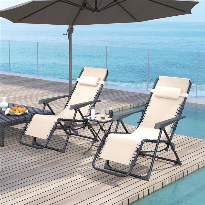 SET 2 SEDIE SDRAIO A GRAVITÀ ZERO PIEGHEVOLI CON SCHIENALE REGOLABILE E TAVOLINO BEIGE