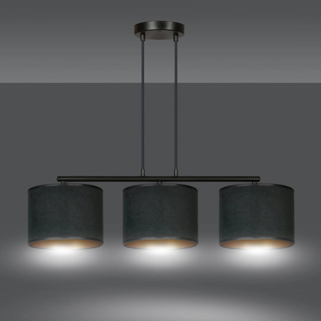 Lampada a sospensione HILDE a tre luci in acciaio e velluto nero