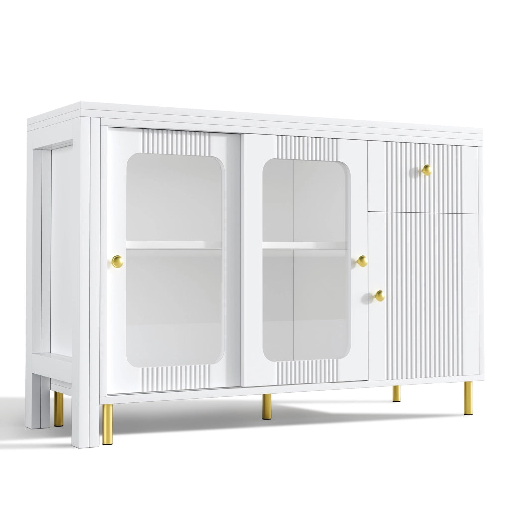 Sideboard moderno bianco con piano estensibile, ante scorrevoli in vetro e gambe metalliche dorate